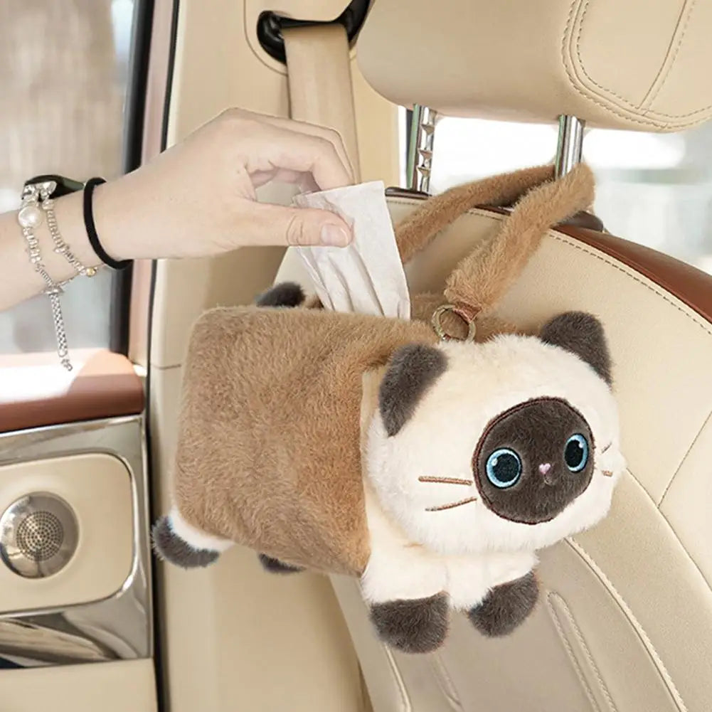 Cute Cat Plush Car Tissue Box Holder – Hanging Dispenser
