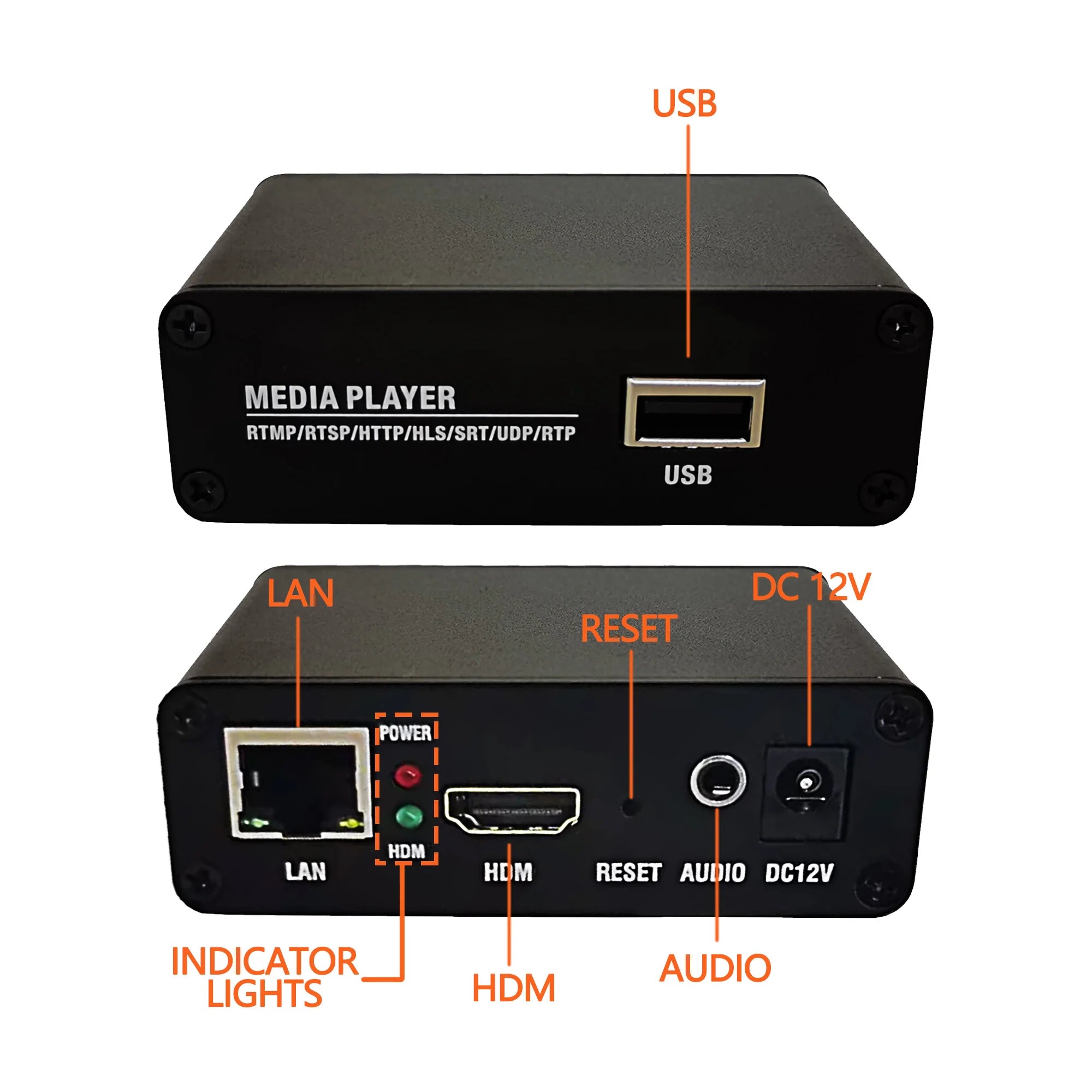 The XP10 USB player can play MP4 files stored on a USB drive and supports RTMP, RTSP, HTTP TS, HTTP FLV, HLS, SRT, UDP, and more Oasis Select