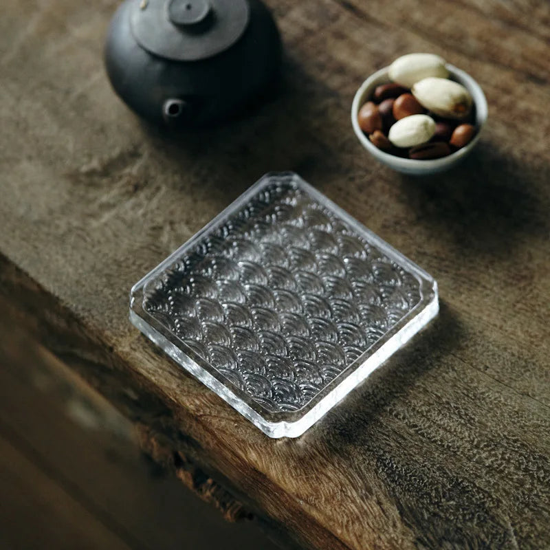 Glass Sea Wave Pattern Glass Coaster Square Round Whiskey Teacup Kung Fu Tea Cup Mat Saucer Wine Tumbler Holder Oasis Select