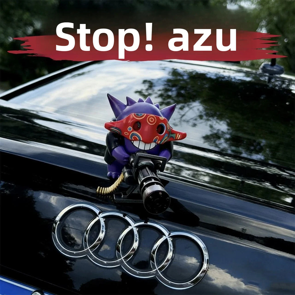 Azu holding a Gatling gun, a creative car decoration for the center console, a figurine on the roof and rear of the car. Oasis Select