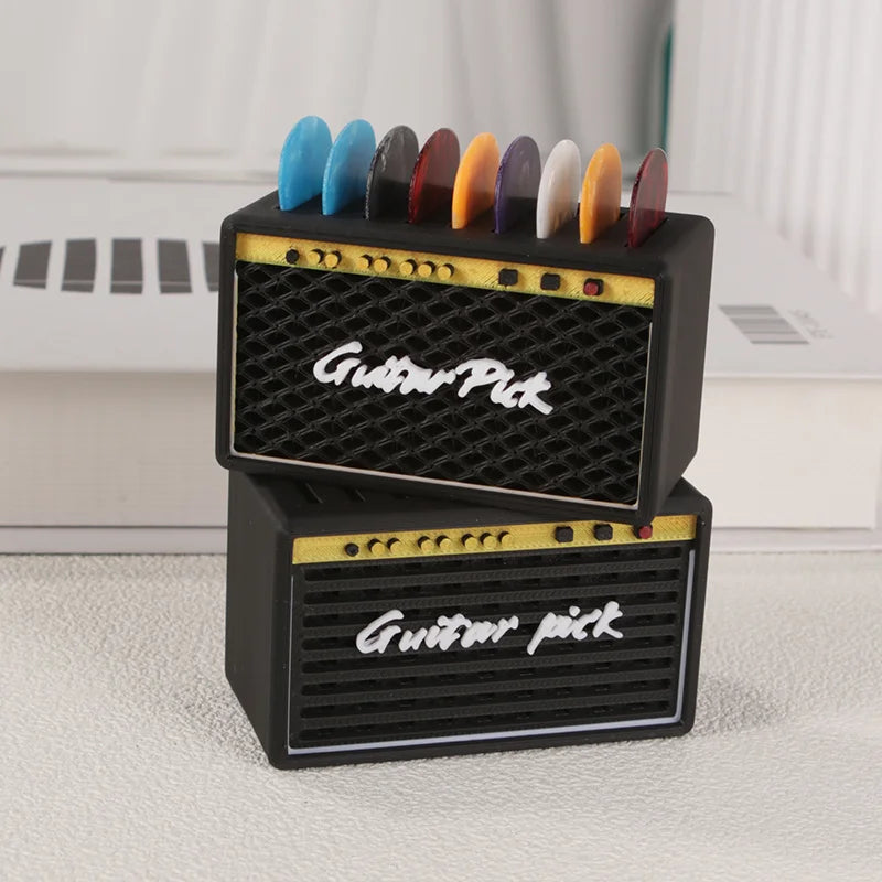 2025 New 1pc Guitar Pick Storage Box + 5pcs Picks, Random Color Retro Speaker Design Multi-Compartment Organizer Oasis Select