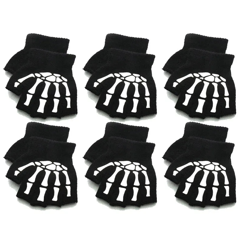 1/3/6Pairs Unisex Adult Halloween Skeleton Skull Half Finger Gloves Glow In The Dark Fingerless Stretch Knitted Winter Mittens Oasis Select 02-6pairs