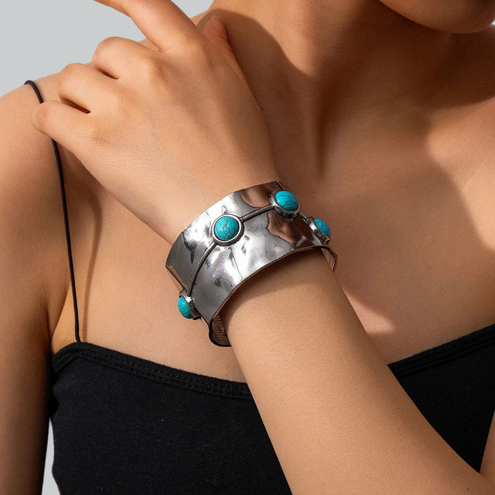 Multi Type Inlaid Imitation Turquoise Alloy Cuff Bracelet for Women New Fashion Bohemian C Shape Open Bangle Jewelry Accessories Oasis Select