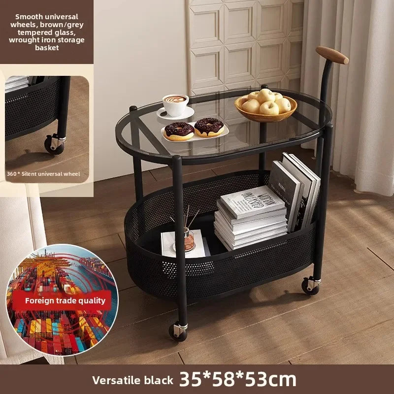 Multi-functional French light luxury movable glass trolley side table living room sofa small coffee table bedroom bedside table Oasis Select SJ-Black-T-HUI