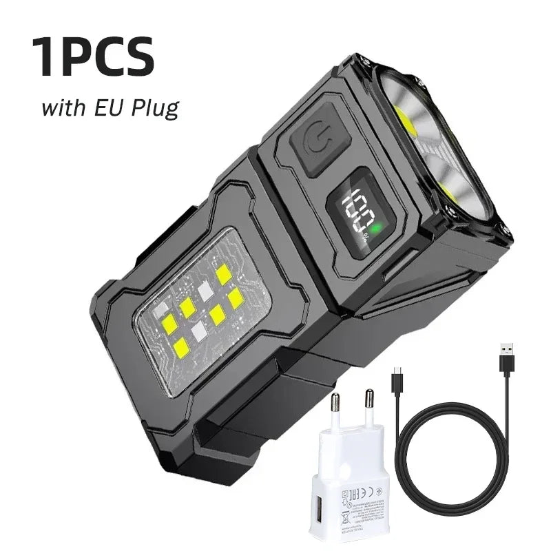 LED Flashlight MINI USB Rechargeable Portable Tail Magnet Work Light Super Bright Camping Lantern Side COB Emergency Torch Light Oasis Select 1PC with Eu Plug