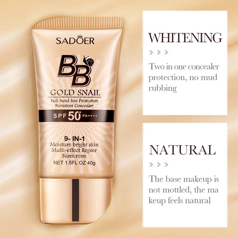 SADOER Gold Snail Sunscreen BB Cream Foundation Concealer Moisturizing Isolation Cream SPF50+PA+++ 40g Oasis Select