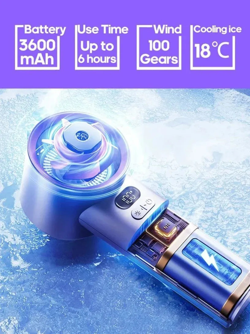 100 Wind Speeds Portable Handheld ICE Cooling Turbo Fan 3600MAH High endurance rechargeable mini fan Suitable hot summer days Oasis Select