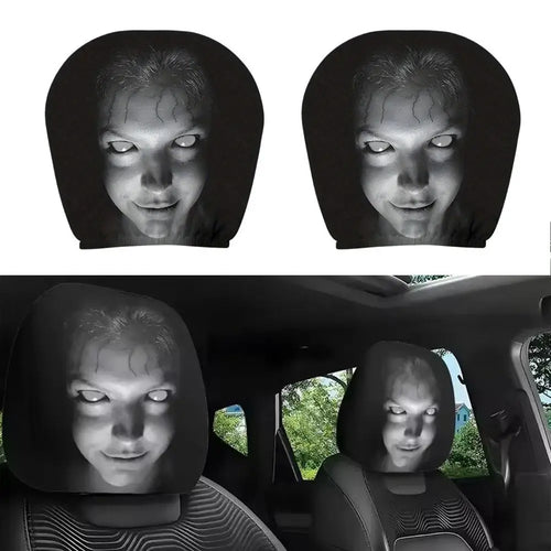 2Pcs Halloween Horror Face Printed Car Headrest Covers Soft Polyester Washable Universal Elastic Dustproof Protective Cushion Oasis Select