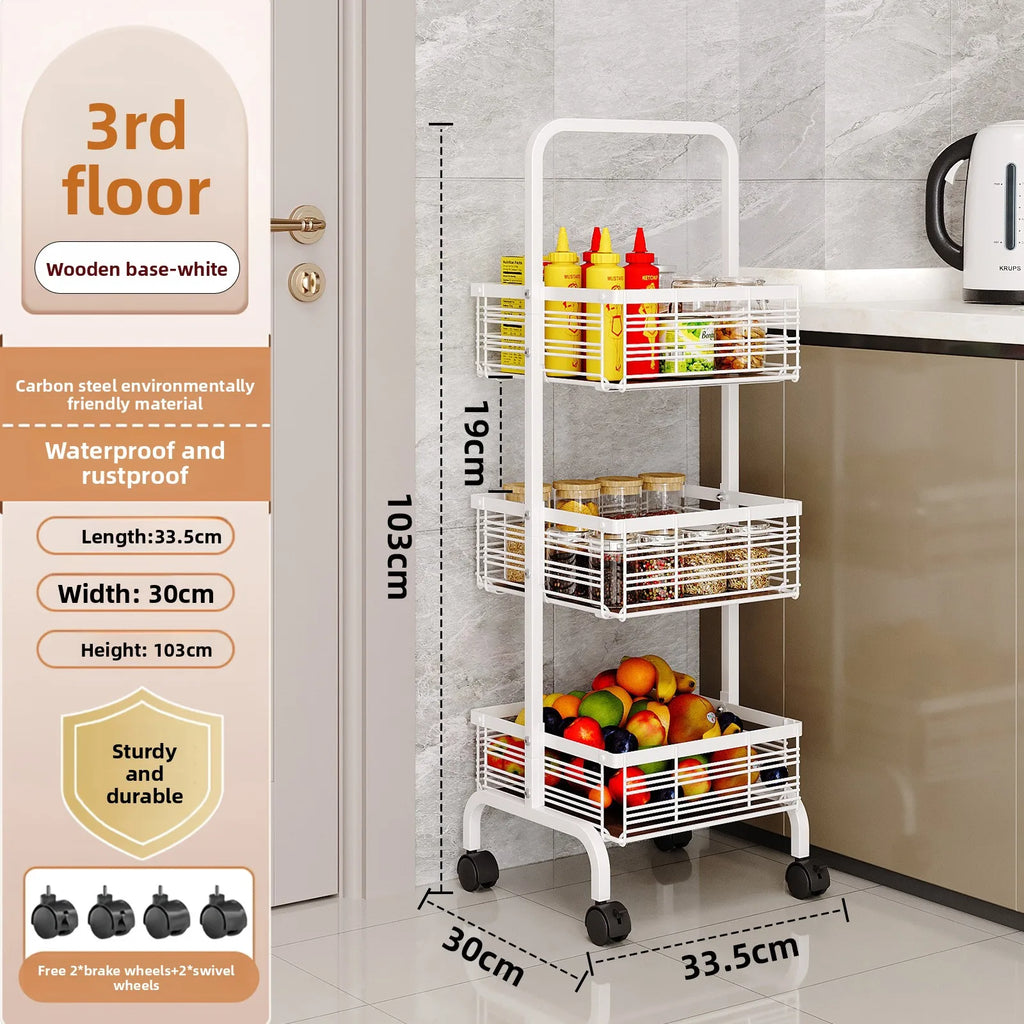 Kitchen Multifunctional Shelf Mobile Square Snack Toy Storage Rack Multi-layer Floor Household Fruit and Vegetable Cart Oasis Select White wooden board