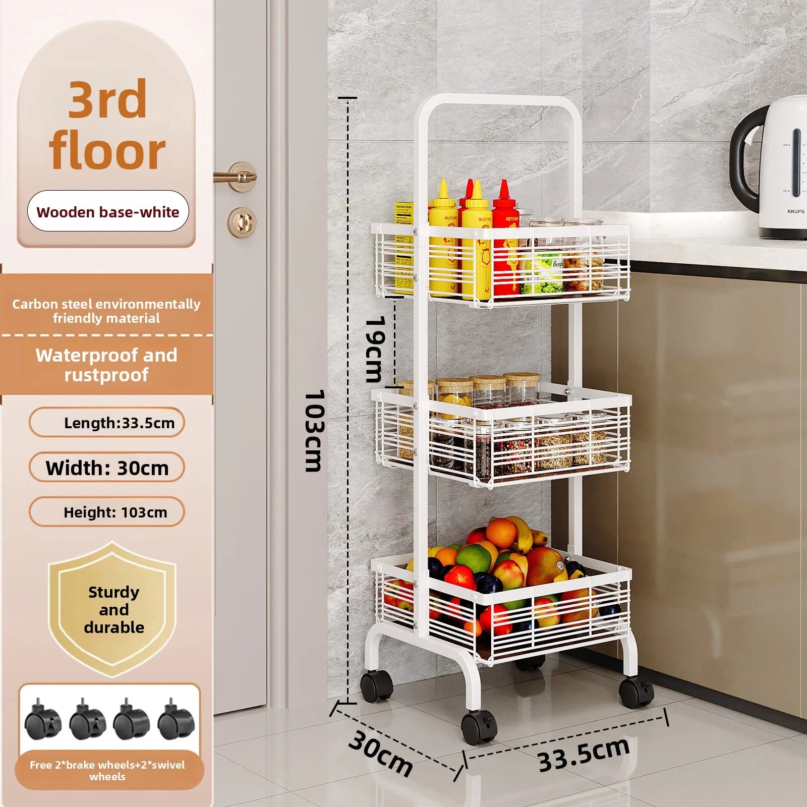 Kitchen Multifunctional Shelf Mobile Square Snack Toy Storage Rack Multi-layer Floor Household Fruit and Vegetable Cart Oasis Select White wooden board