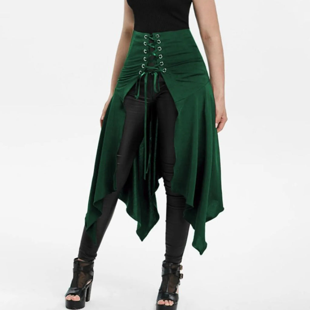 Gothic Black High Waist Irregular Long Skirt | Steampunk Women Gothic Long Skirt Oasis Select Green S