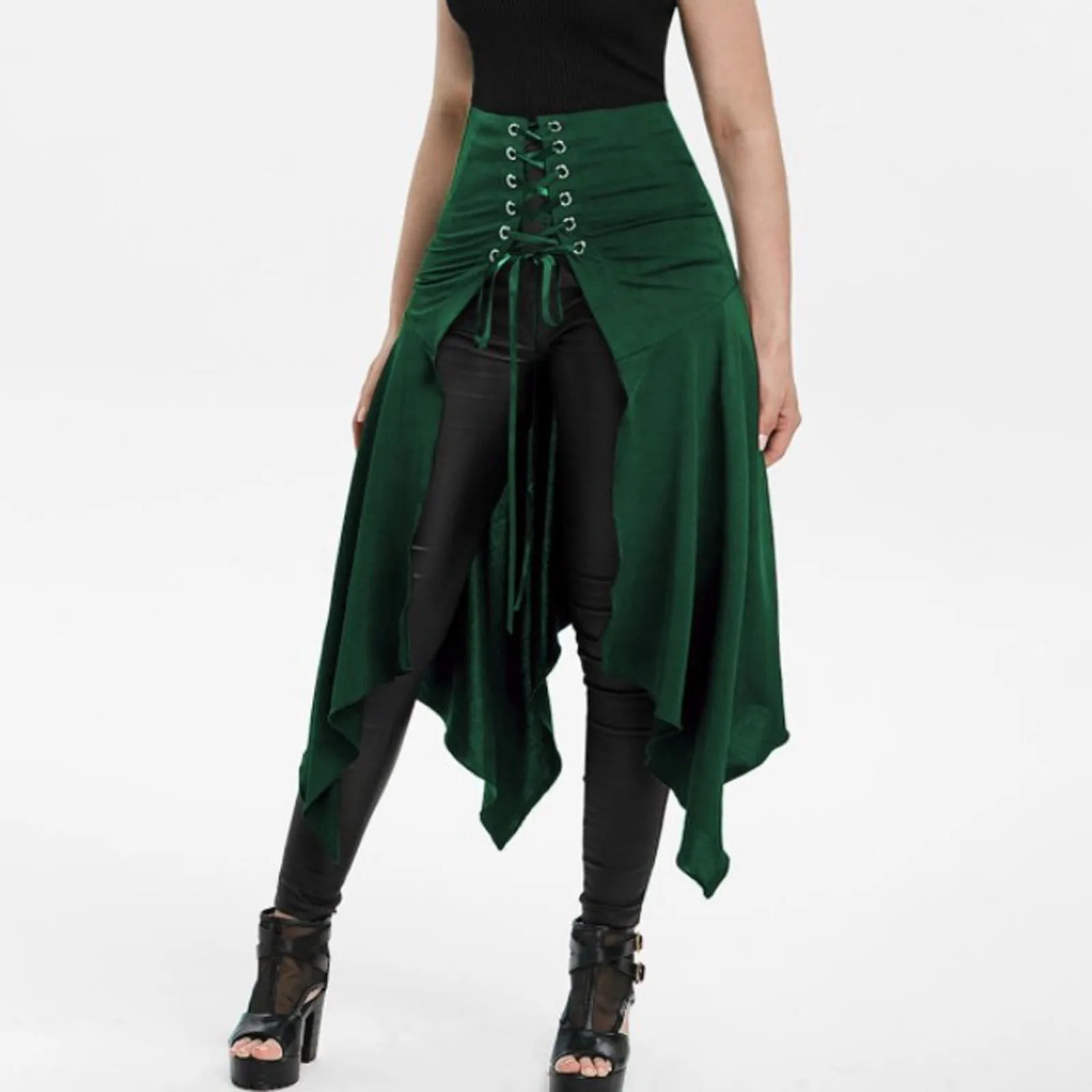 Gothic Black High Waist Irregular Long Skirt | Steampunk Women Gothic Long Skirt Oasis Select Green S