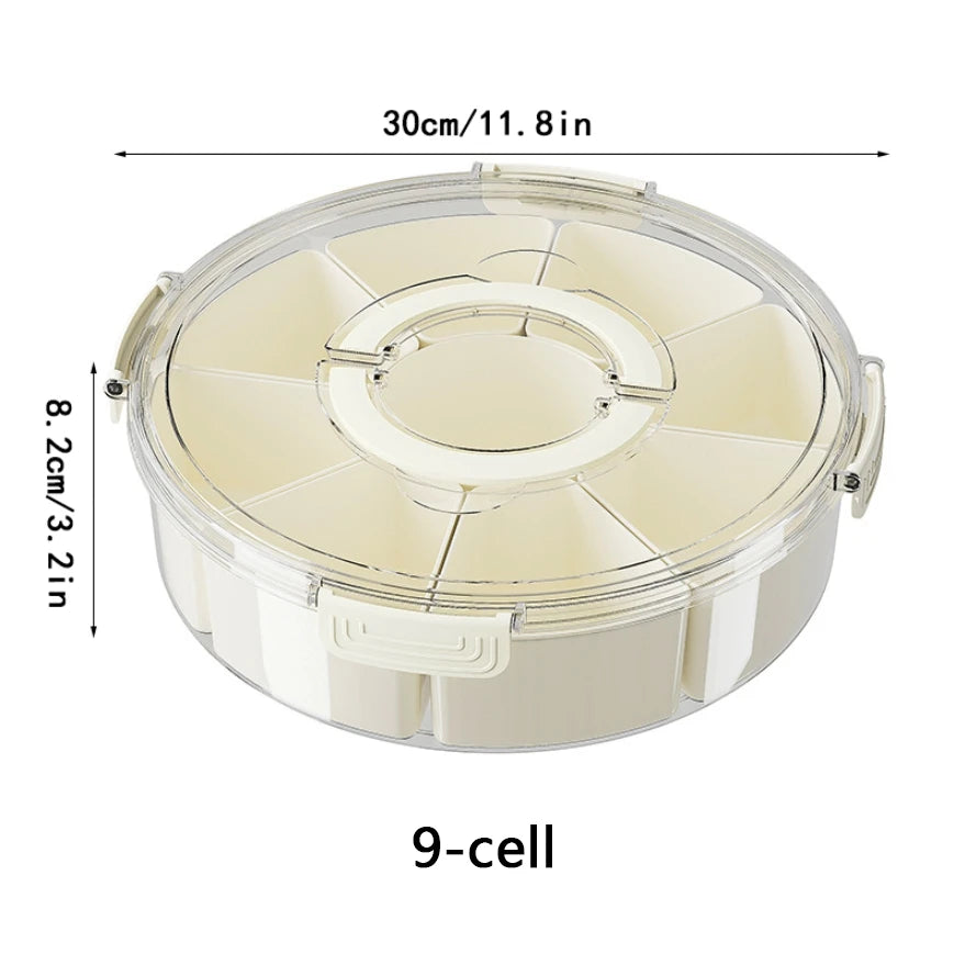 Round Snack Tray with Lid and Handle-Portable 9/6 ccells food storage box with 360 ° swivel and clear window cover for travel Oasis Select 9-cell