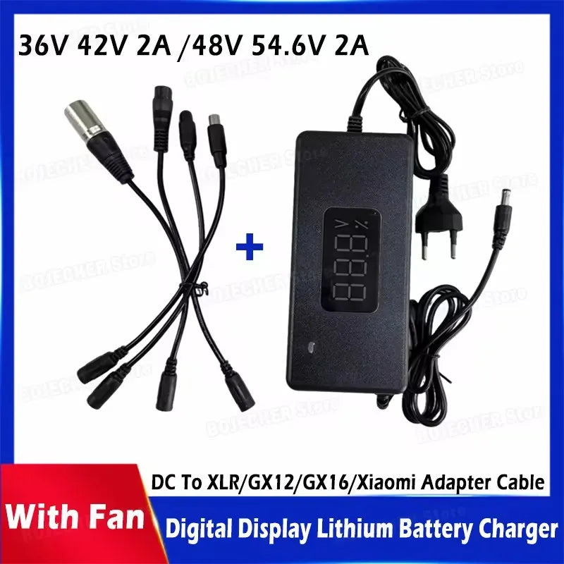 New Lithium Battery Charger 36V 42V / 48V 54.6V 2A Power Supply Adapters With Cooling Fan DC To XLR/GX12/GX16/Xiaomi Adapters Oasis Select