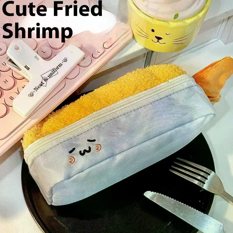 Cute Cartoon Fried Shrimp Plush Pen Bag Kawaii Large Capacity Zipper Soft Pen Case Stationery Storage Bag School Supplies Oasis Select