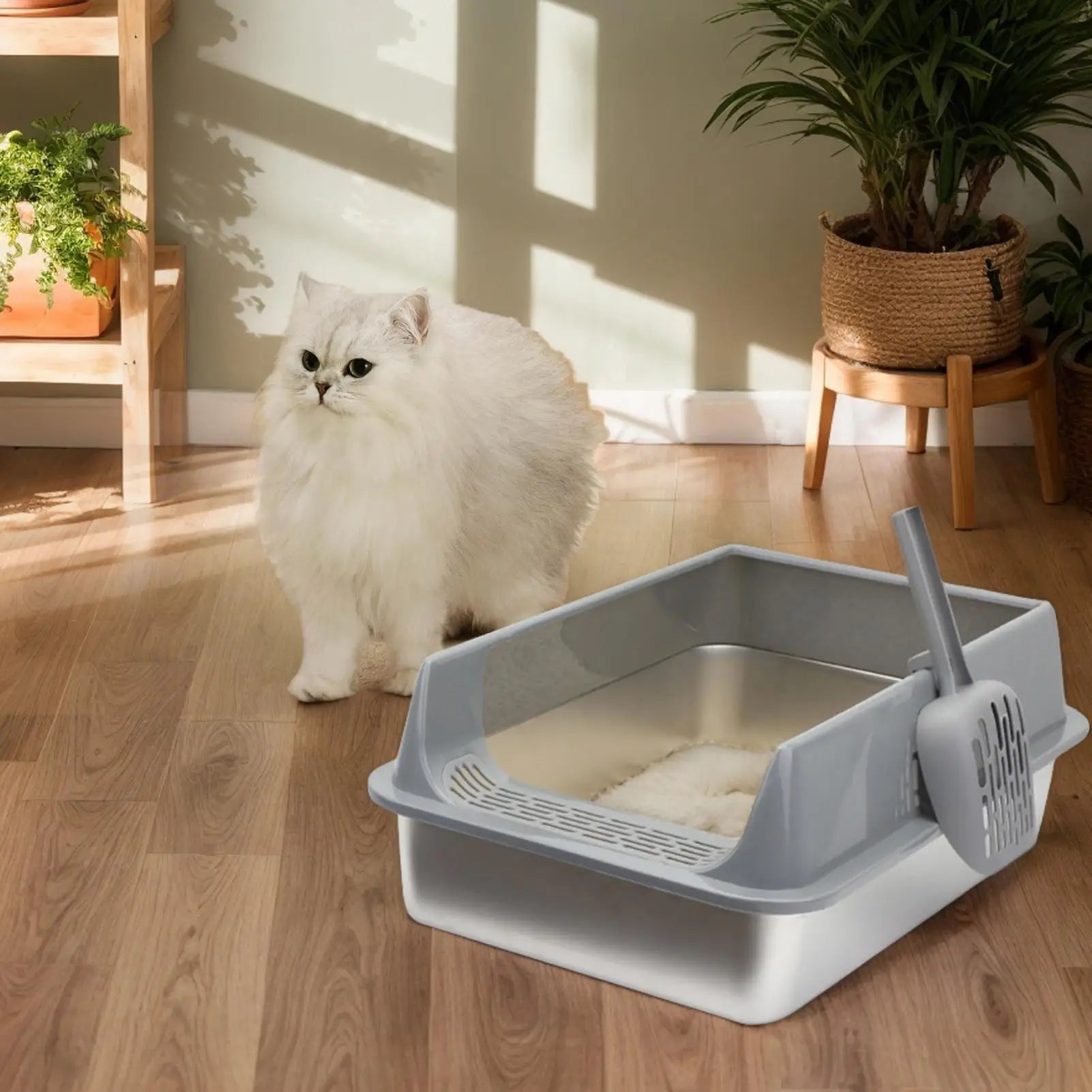 Kitty Sandbox Cat Toilet Deepen Pet Litter Box Semi-Enclosed Deepened Cat Toilet with Scoop for Dormitory Apartment Living Room Oasis Select