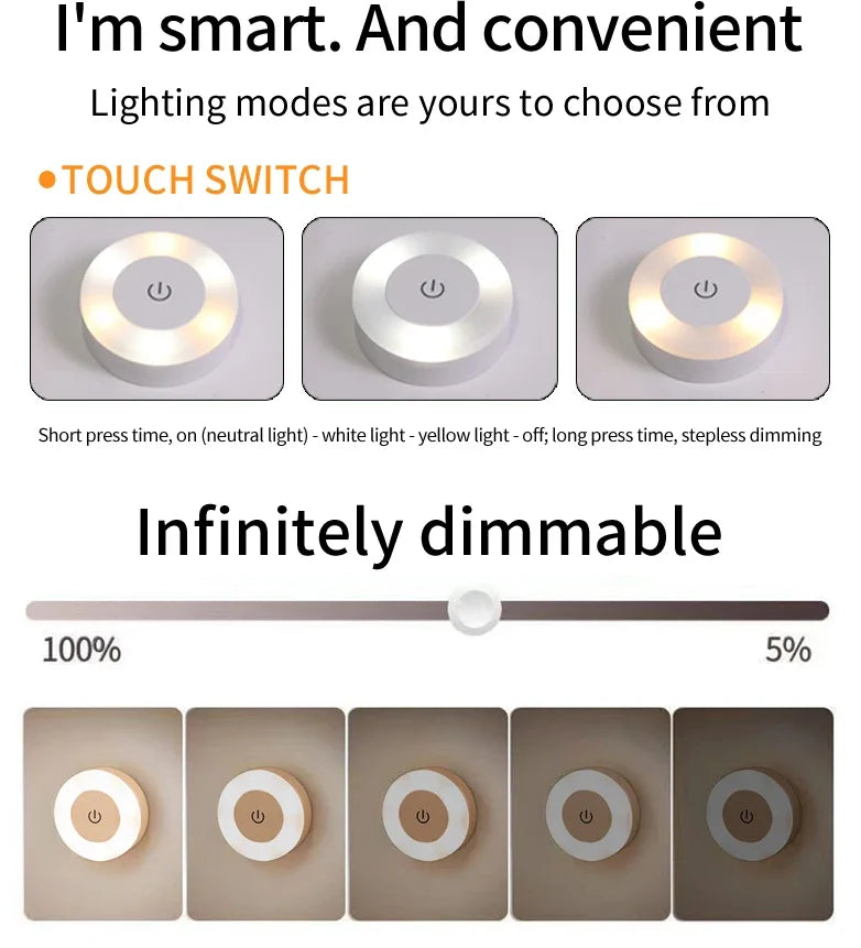 LED Night Light USB Rechargeable Night Lamp 3 Color Dimmable Wall Lamp Wireless Bedroom Kitchen Cabinet Wardrobe Staircase Lamp Oasis Select