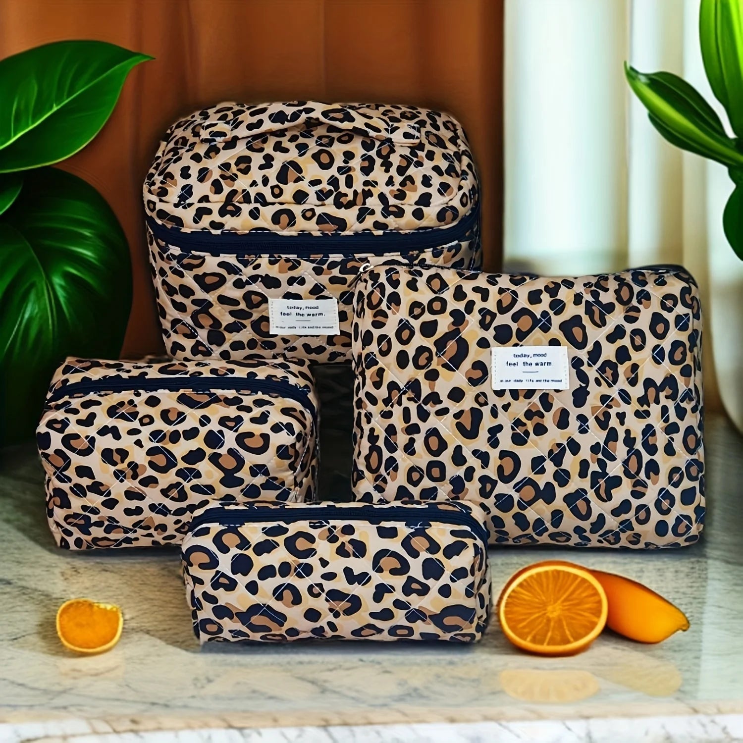 4Pcs European American Ins Style Leopard Print Makeup Bag Double Layer Large Capacity Travel Toiletry Bag Cosmetic Storage Organ Oasis Select
