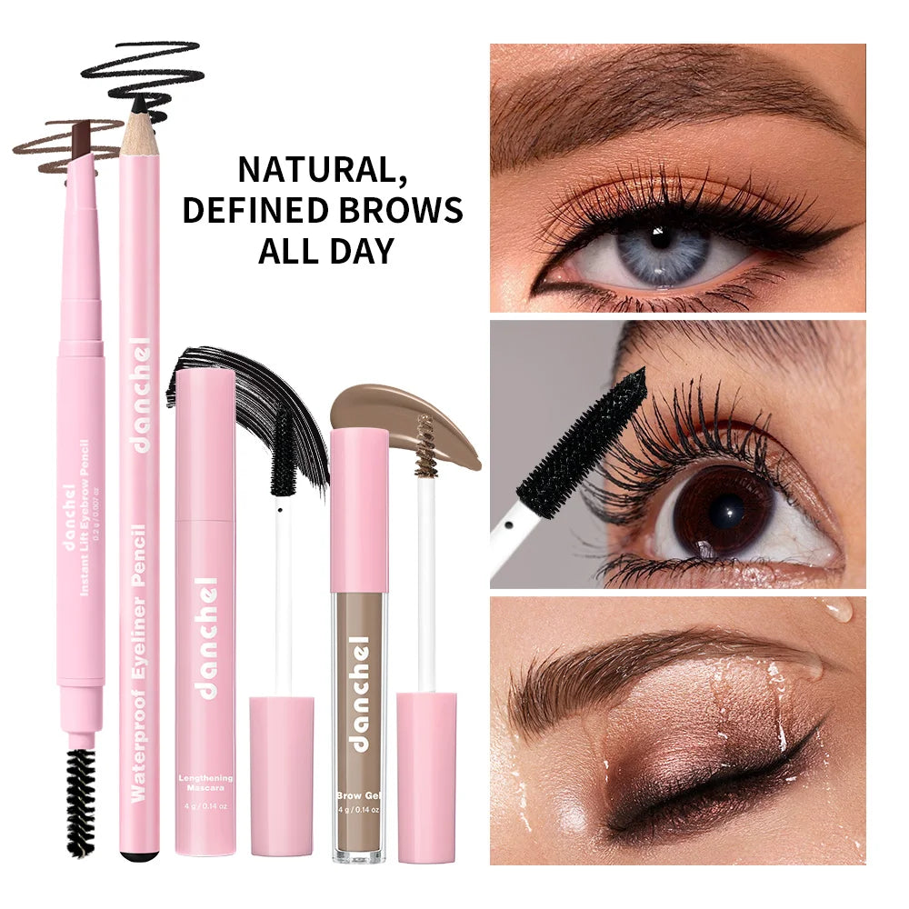 4Pcs Eyes Makeup Set Dual-Ended Eyebrow Pencil Waterproof Eyeliner Long Lasting Brow Gel Volumizing Lengthening Mascara Woman Ma Oasis Select