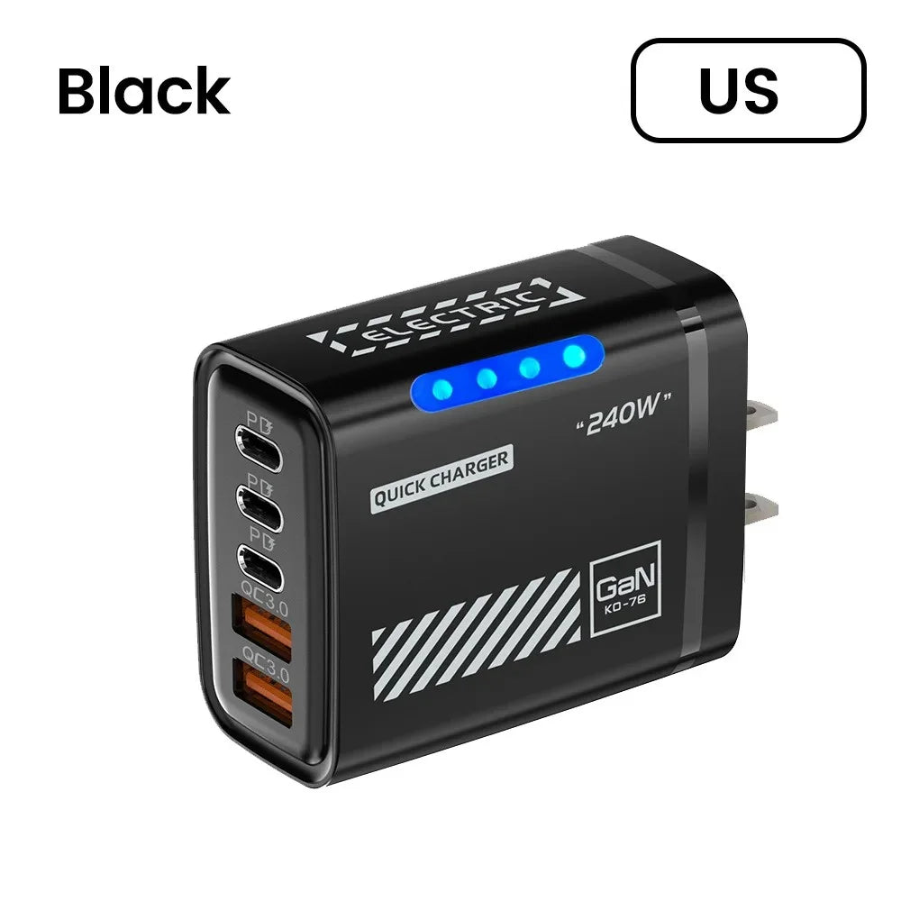 Total 240W USB Type C Fast Charging Charger For Samsung Huaweui iPhone Wall GaN Charger Multi Ports Mobile Phone Power Adapter Oasis Select US Black