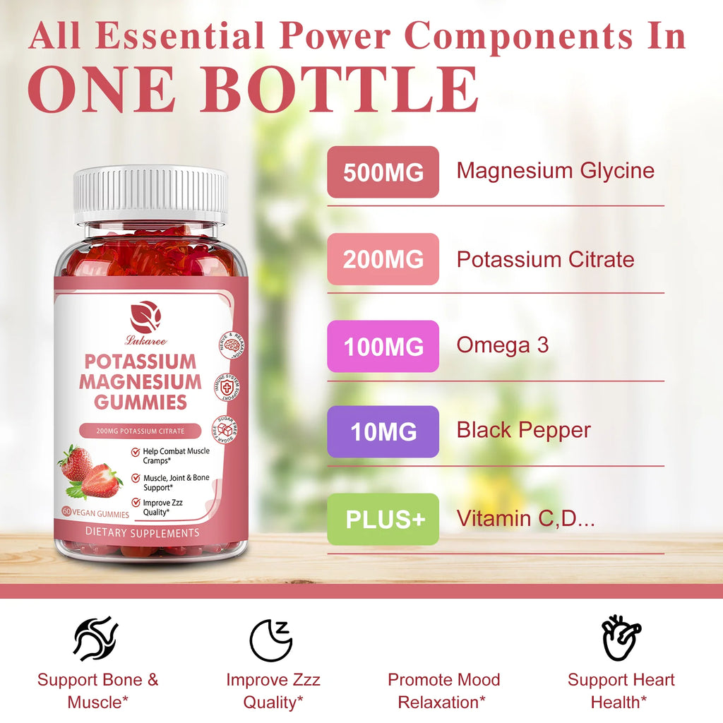 Lukaree Potassium Magnesium Gummies Help Sleep Reduce Leg Cramps Support Nervous Health Mood Health Improve Electrolyte Balance Oasis Select