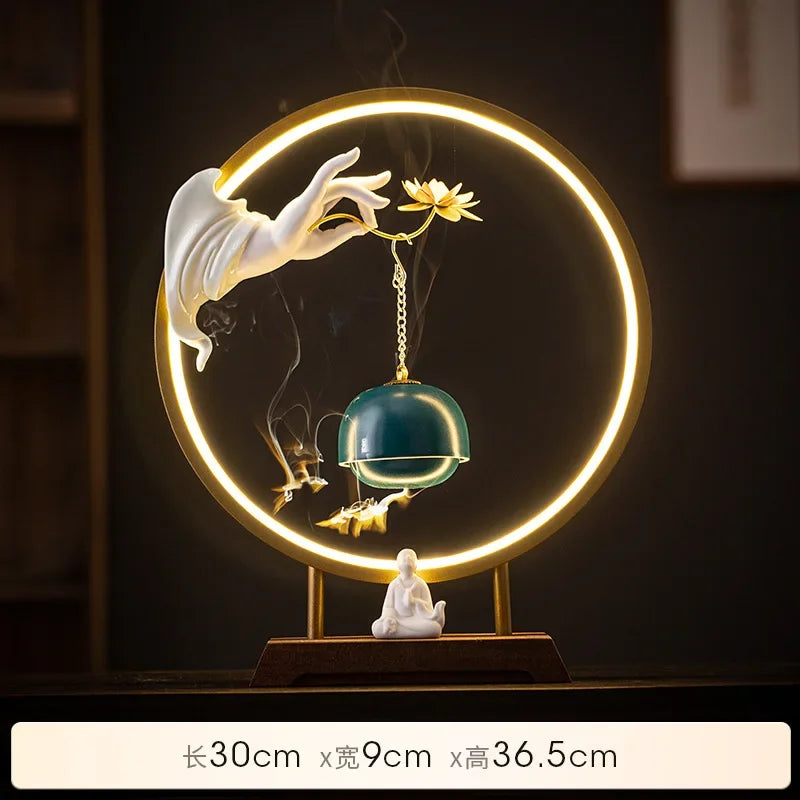 New Chinese Zen Buddha Hand Lotus Incense Decoration Creative Living Room Decorative Light Ring Reverse Flow Incense Burner Oasis Select Blue A