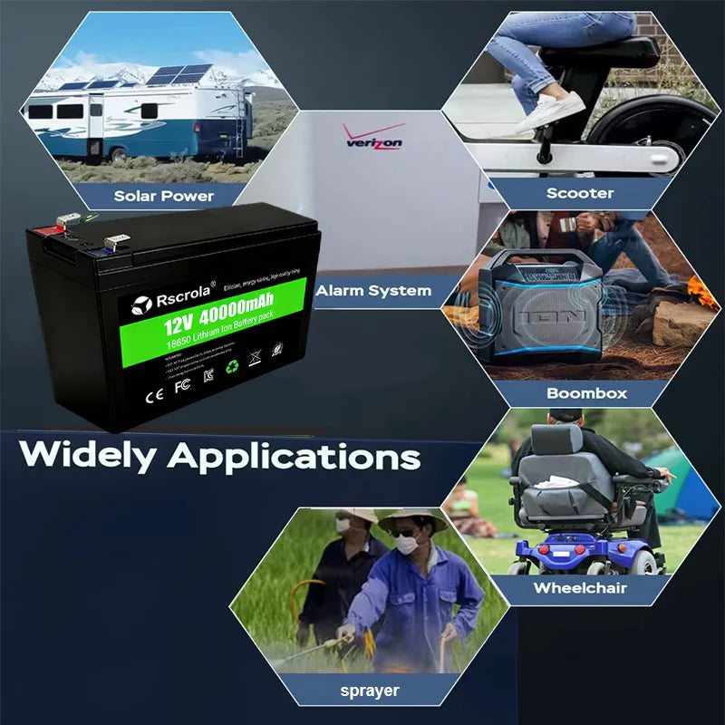 12V Rechargeable Lithium Battery Pack 40Ah, 18650 Battery pack DC Power for Sprayer, Portable Speaker, Outdoor Camping,Toy Cars Oasis Select