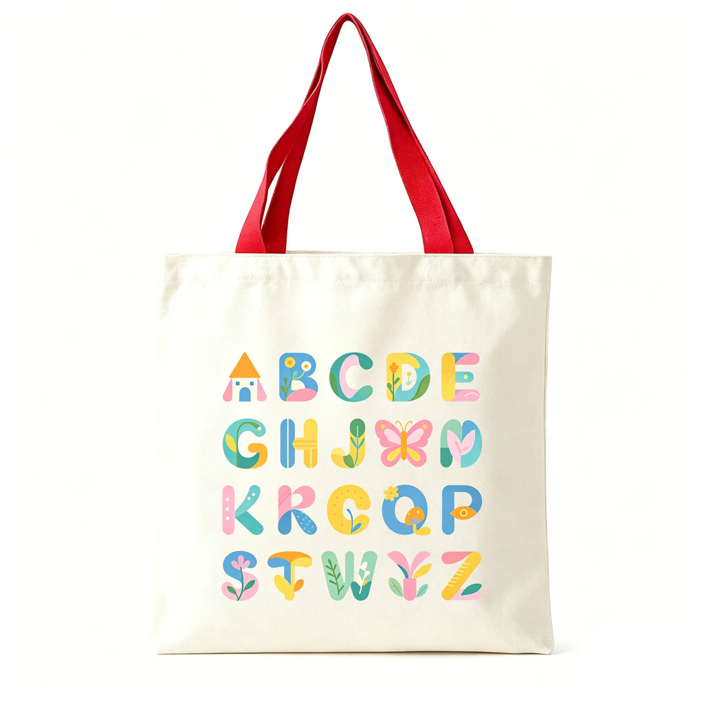Colorful ABC Print Canvas Tote Bag Large Eco Reusable Shoulder Bag Student Teacher School Shopping Bag Oasis Select Deep red 30 40cm