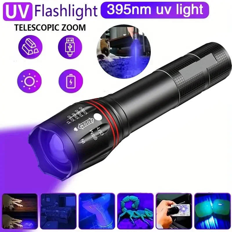 395nm LED UV Flashlight Rechargeable Zoomable Torch Light for Pet Urine Stain Detector Tools Lantern Money Fluorescer Detector Oasis Select