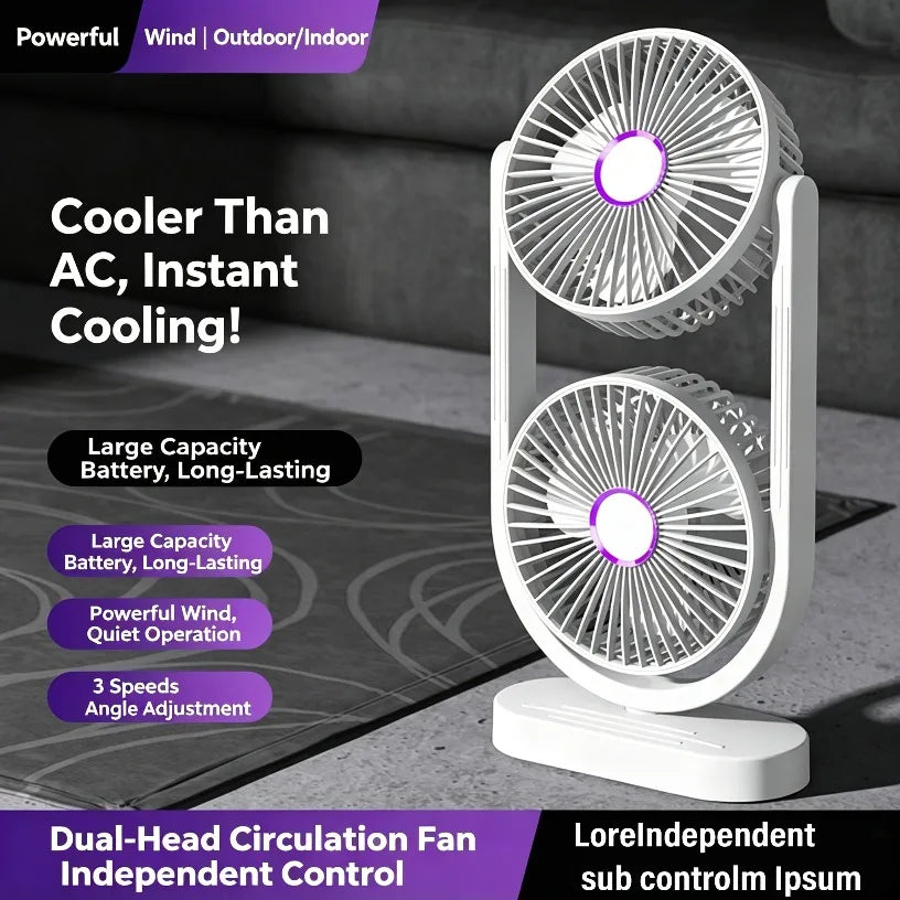 Portable Turbo Desk Fan 3 Speeds Ultra Quiet Type-C Rechargeable Dual Head Air Circulation Fan for All USB Power Sources Oasis Select