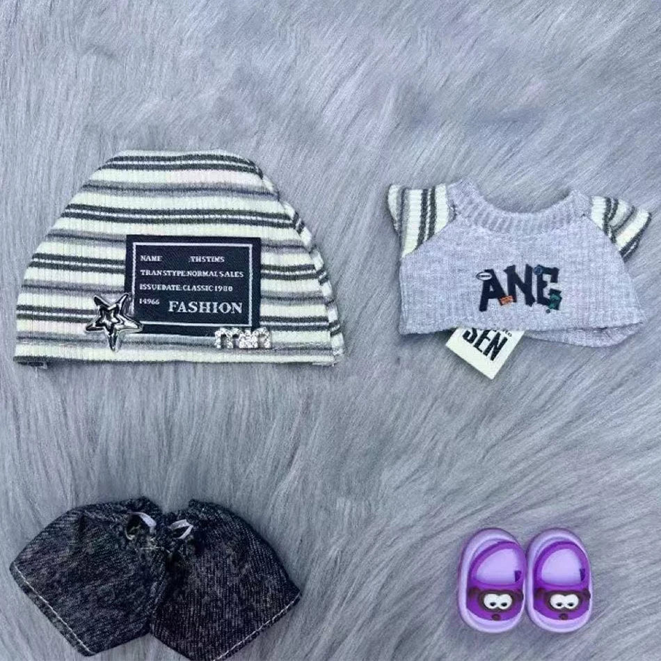 For Labubu 15-17cm Cloth Korean Grey Star Hat Suit Pull Bubu Baby Clothes 123rd Generation High-energy Hope Vinyl Doll Clothes Oasis Select D-4pcs no doll