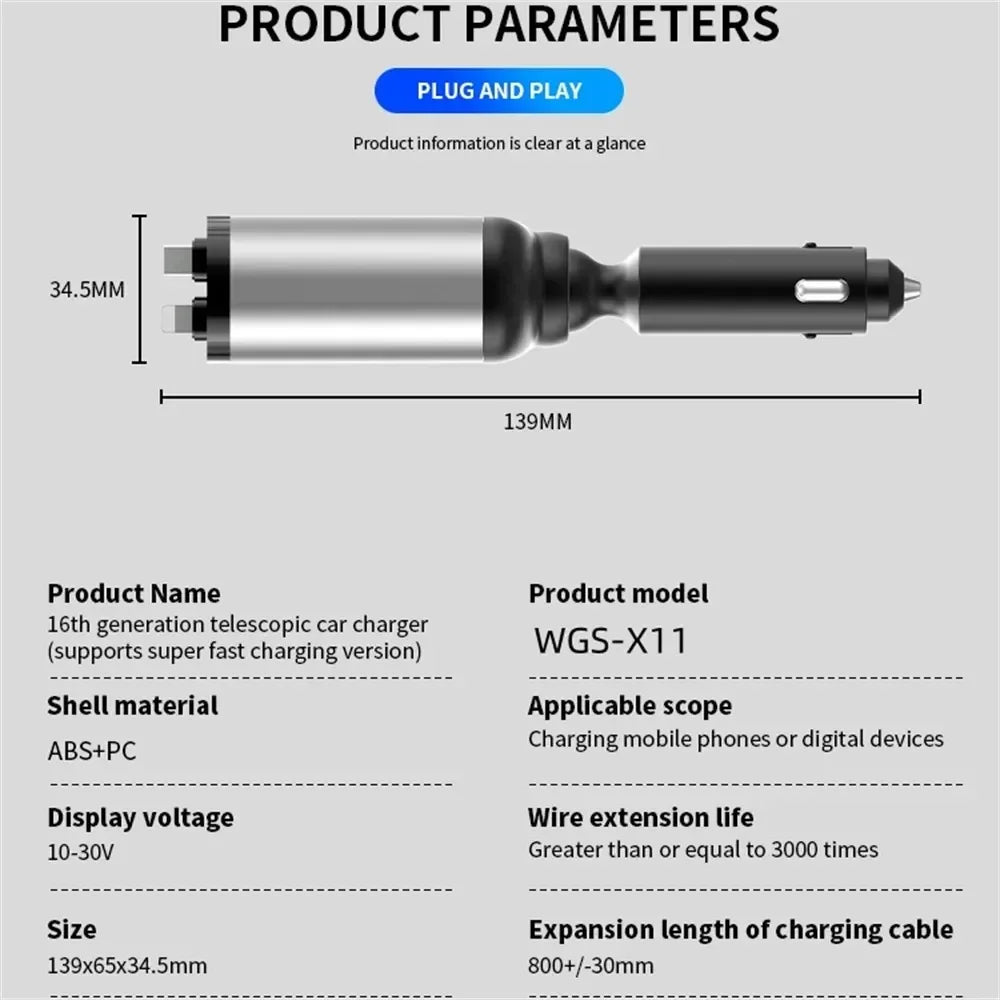 4 in 1 120W Car Charger Retractable Car Cigarette Lighter Adapter USB Type C Fast Charger Cable For IPhone Xiaomi Huawei Samsung Oasis Select