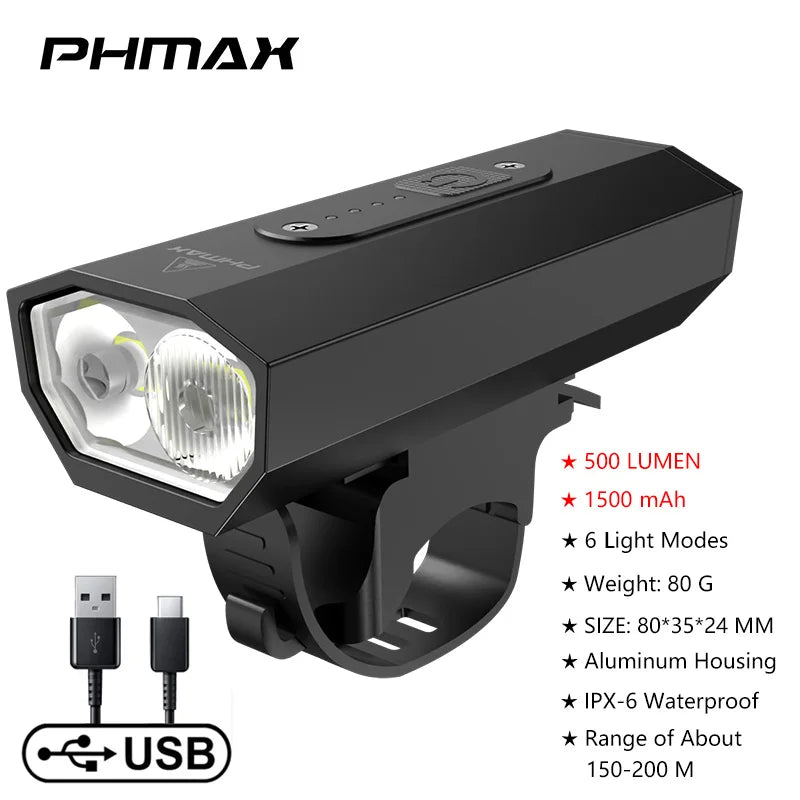 PHMAX Bike Front Lights USB LED Rechargeable Waterproof 6 Modes Mountain Bike Headlight Safety Warning Light Cycling Accessories Oasis Select