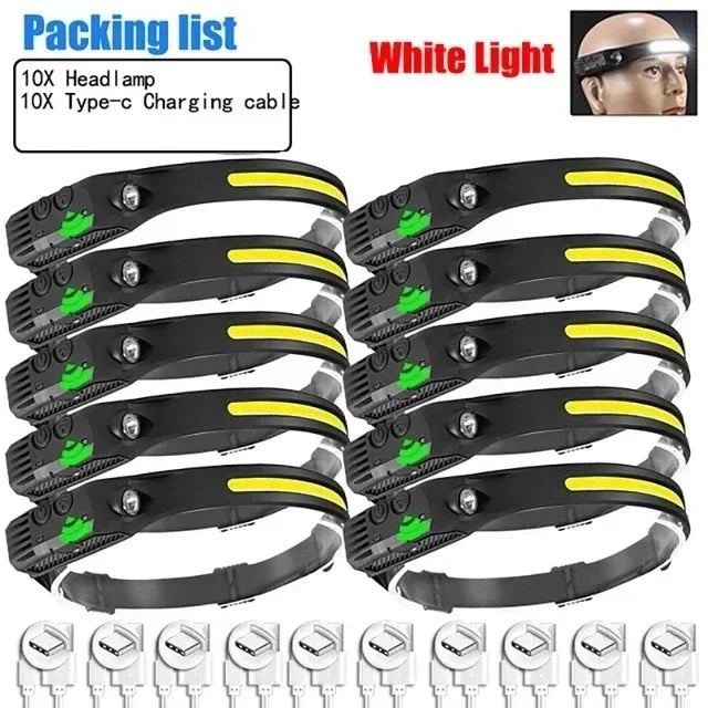 USB Rechargeable LED COB Sensor Headlamp White Light Head Torch Work Lamp Outdoor Waterproof Camping Fishing Lantern Headlight Oasis Select 10PCS