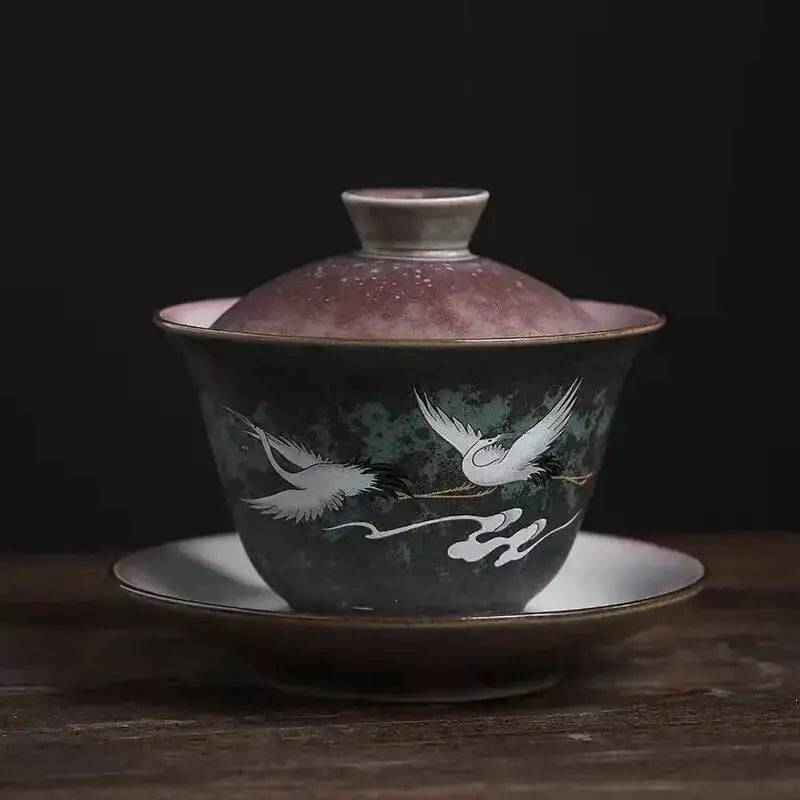 Japanese Kiln Change Color Ceramic Sancai Gaiwan Kung Fu Tea Set Household Tea Brewer Creative Crane Large Serving Tea Bowl Oasis Select fu Cover Bowl 200ml