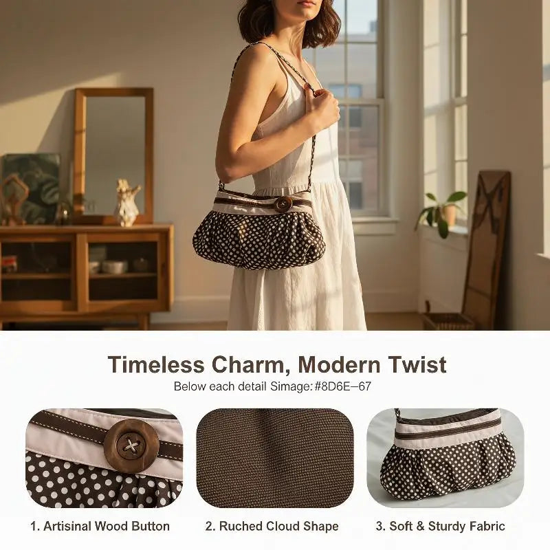 Retro Polka Dot Underarm Bag Cute Pleated Cloud Bag Wooden Button-decor Handbag Casual And Versatile Commuter Shoulder Bag Oasis Select