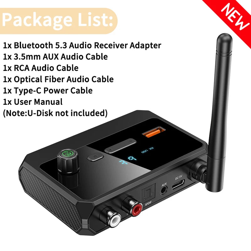 Bluetooth 5.3 Audio Receiver Support USB U-Disk Play Wireless Adapter R/L 2 RCA/3.5MM AUX/Optical Fiber Jack For Car Kit Speaker Oasis Select Black 1PCS v5.3