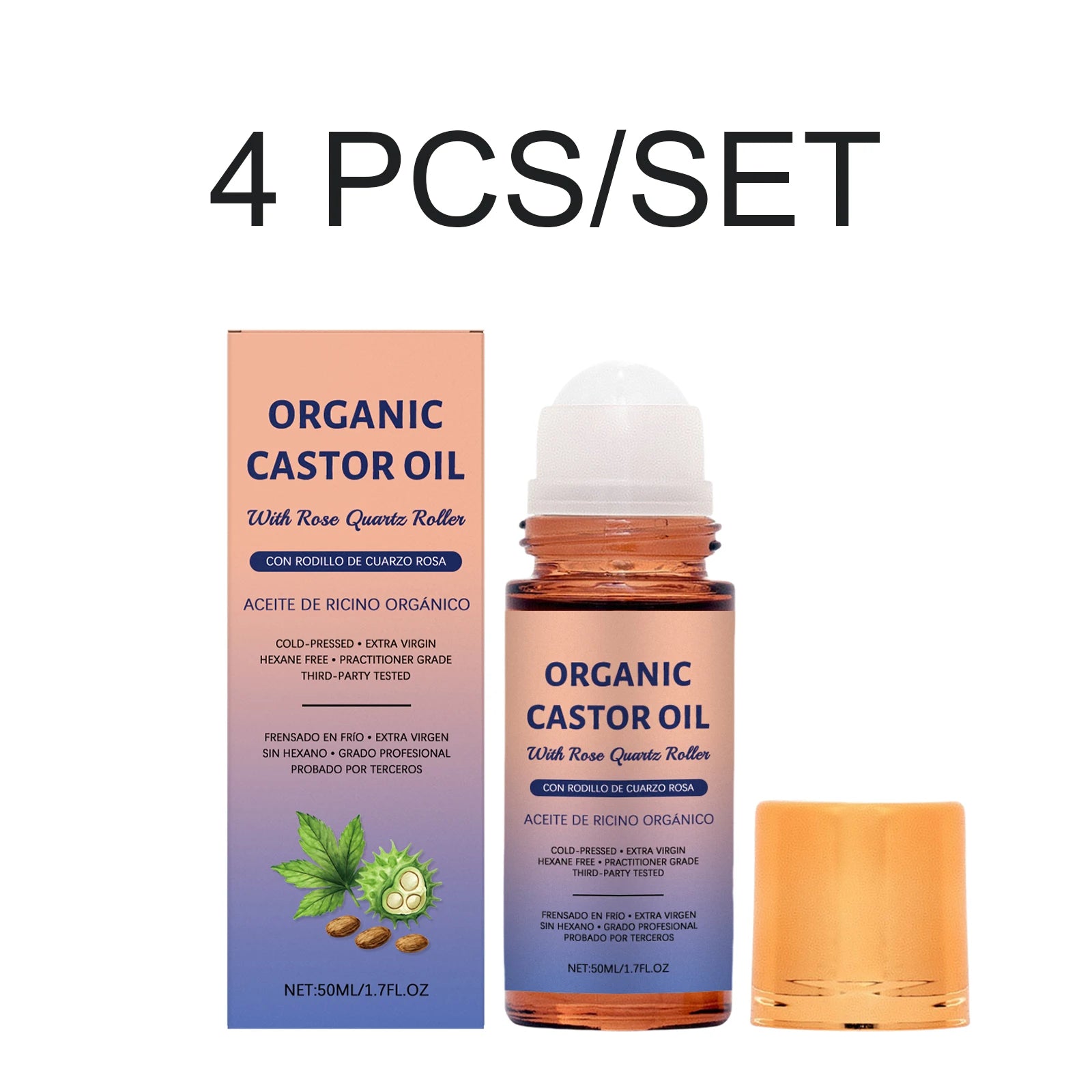 Organic Castor Oil With Rose Quartz Roller Cold Pressed Moisturizing Nourishing Body Face Hair Care Moisturizing Serum 50ml Oasis Select 4 PCS