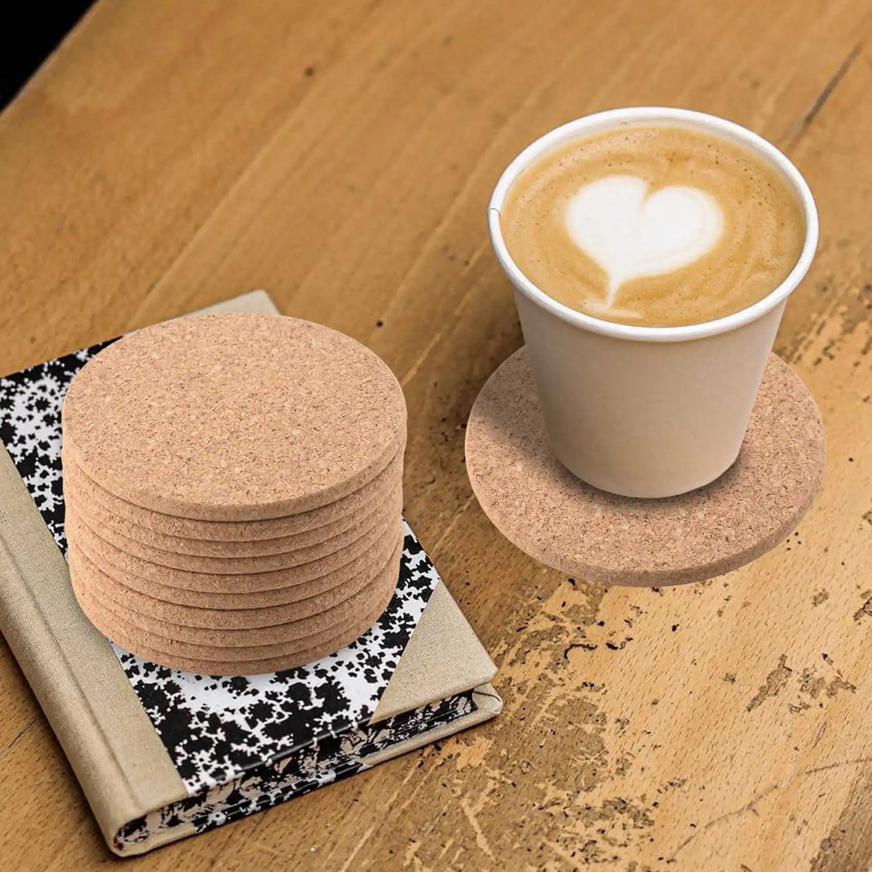 Set of 10 Cork Bar Drink Coasters - Absorbent and Reusable - 90mm, 5mm Thick Oasis Select