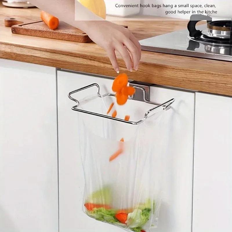 Stainless Steel Kitchen Non Perforated Garbage Rack With Hanging Bracket Cabinet Door With Cloth And Garbage Bag Storage Rack Oasis Select