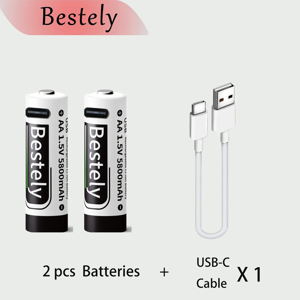 Bestely USB 1.5V AA 5800mAh Lithium ion Rechargeable Battery, AA Fast Charging Li-ion Akku , 2000 Cycle with USB- C Port Cables Oasis Select 2 pcs batteries