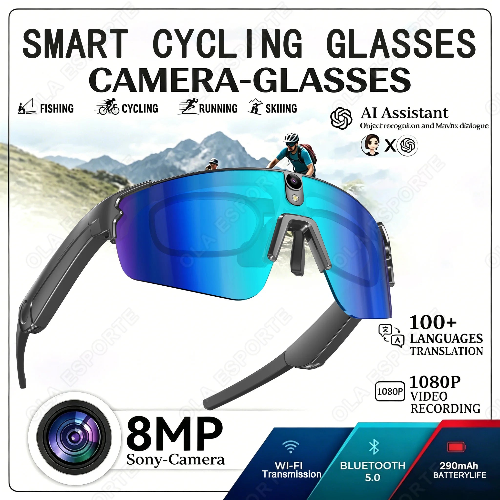 8MP Smart Cycling Glasses 1080p Camera WiFi BT AI Translator