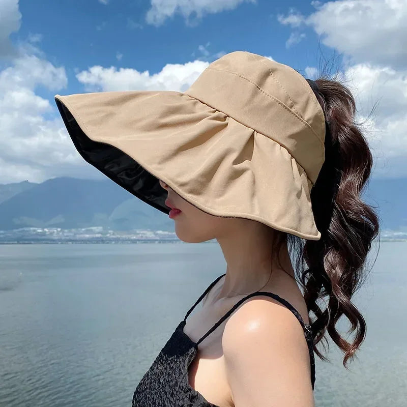 Big Brim Empty Top Sun Hat Summer Women Anti UV Large Eaves All Empty Top Hats Tidal Outdoor Foldable Riding Sport Visors Oasis Select khika