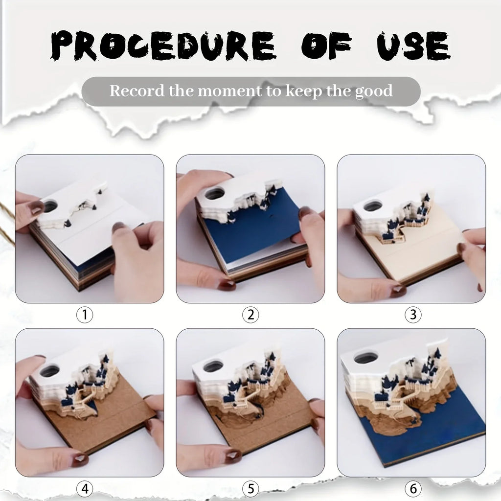 3D 3D Magic Castle Sticky Note Calendar Tearable Paper Sculpture with LED Light Weekly Desk Decor Creative Craft Gift Oasis Select