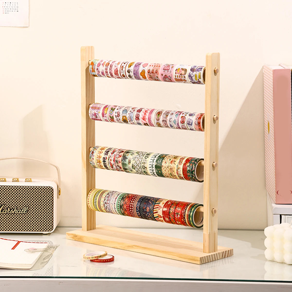 1pc wooden tape roll storage rack 3/4 layers wooden countertop ribbon organizer multifunctional office storage rack for home use Oasis Select