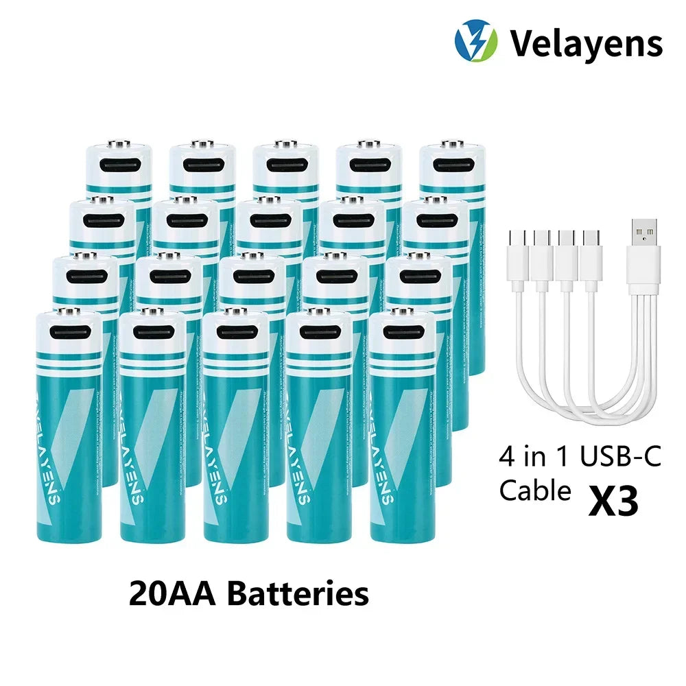 1.5V USB Rechargable Lithium Battery AA 2200mAh Actual Capacity Fast Charging 2000+ Charge Cycles Long-Lasting Power Oasis Select 20 pcs batteries