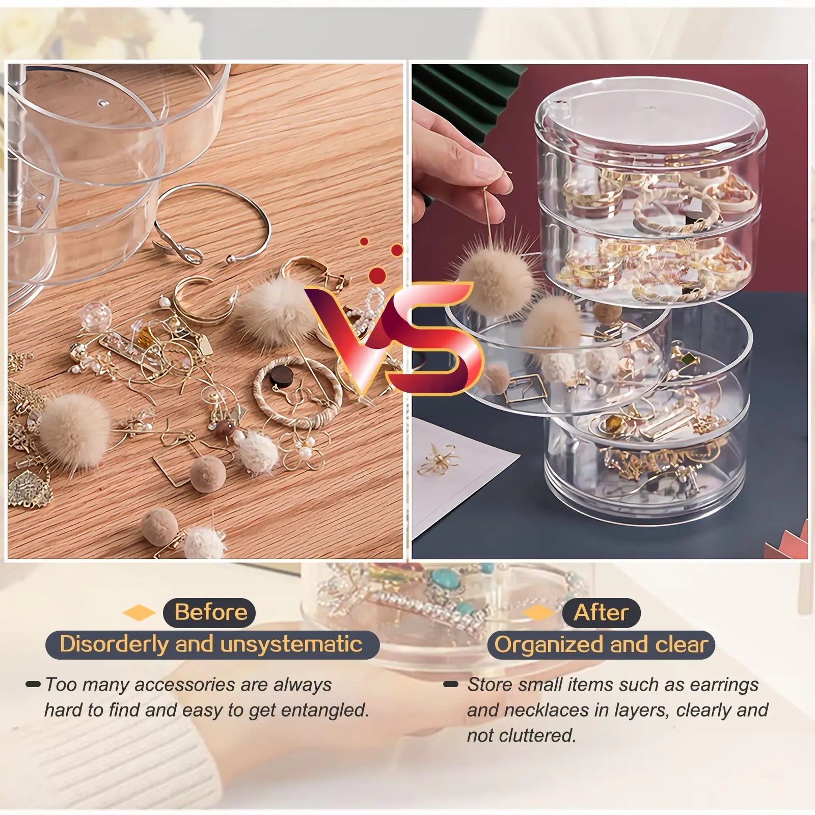 5 Tier Jewelry Organizer, Rotatable Hair Ribbon Box Earring Holder Organizer, Transparent Hair Accessories Storage Tray with Lid Oasis Select