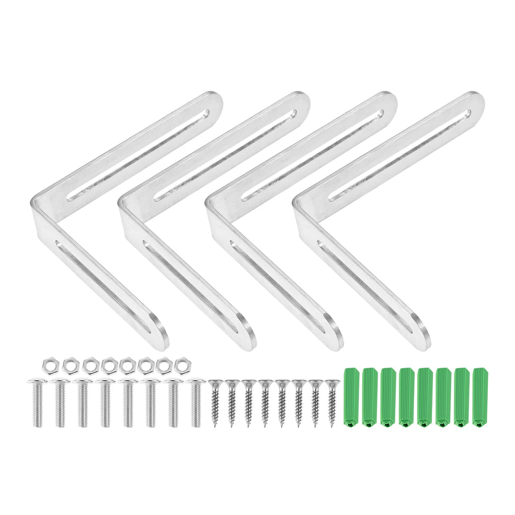 4Pcs 3mm Thick Multi-Size Heavy Duty Furniture Shelf Wall Support ,Silver Stainless Steel 90° Slotted Corner Braces with Screws Oasis Select