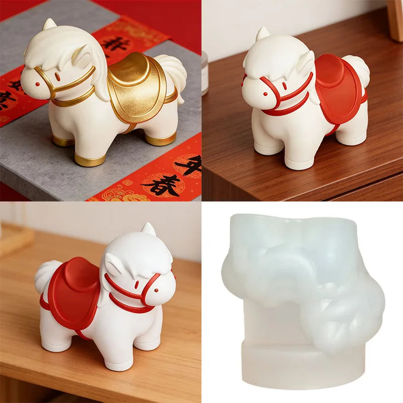 Golden Saddle Little White Horse Aromatherapy Candle Mold DIY Pon Mold Home Decor Gypsum Handmade Soap Silicone Mold Oasis Select