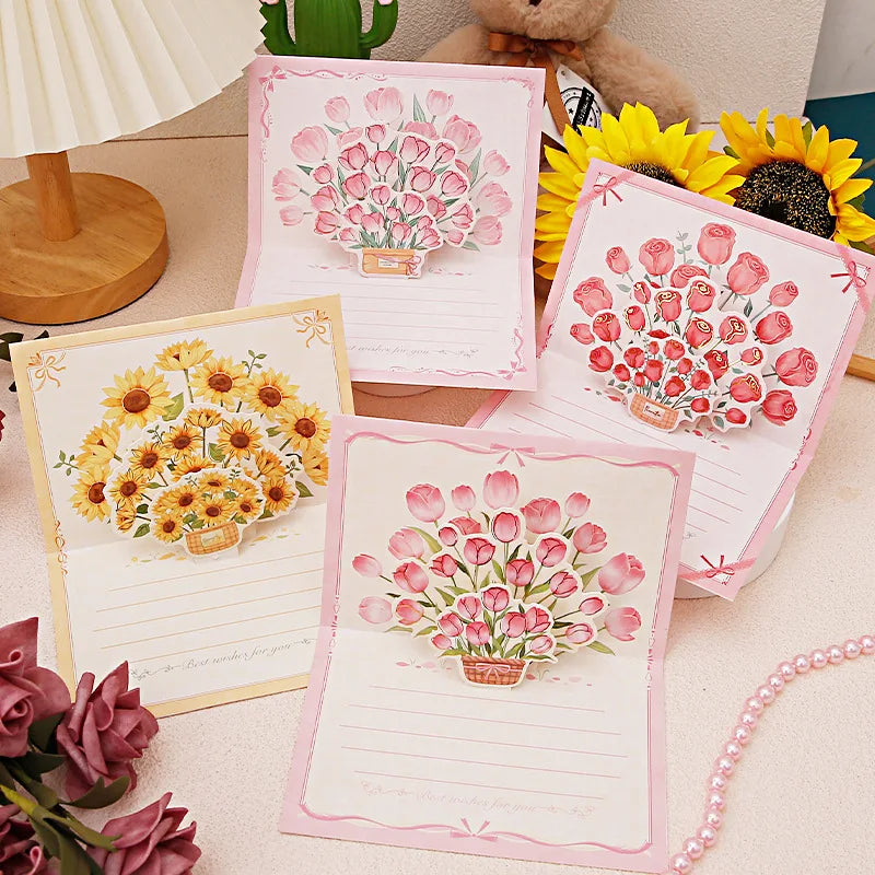 Pop-Up 3d Tulips Roses Sunflowers Bouquet Greeting Card Postcard Mother'S Day Blessings Creative Card Gift For Mother Oasis Select
